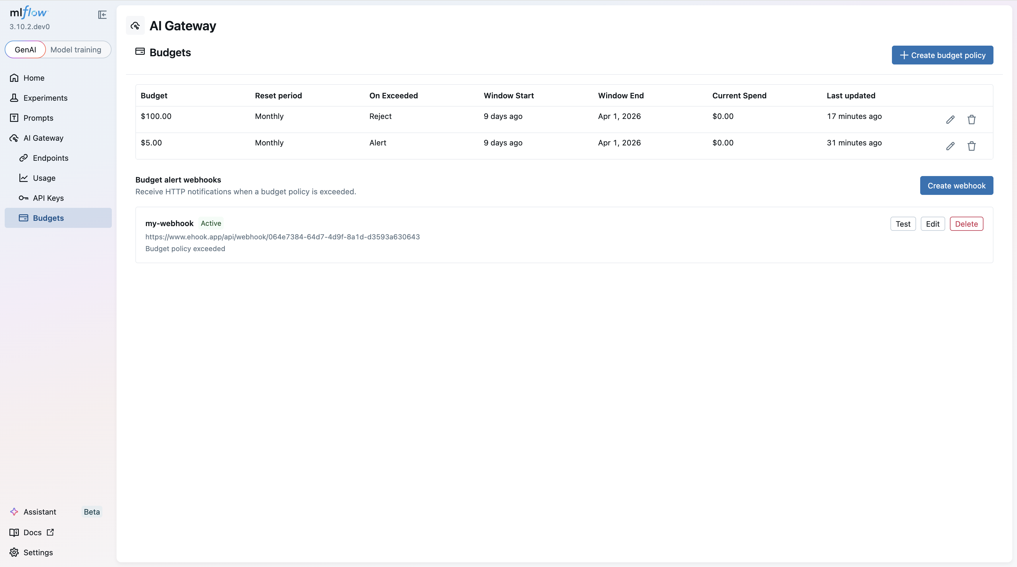 Budget policies list in the MLflow UI