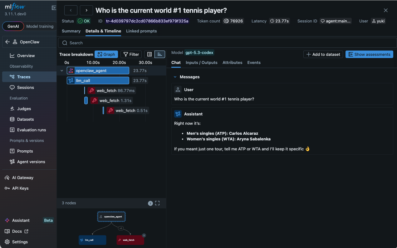 Screenshot of MLflow dashboard showing OpenClaw traces