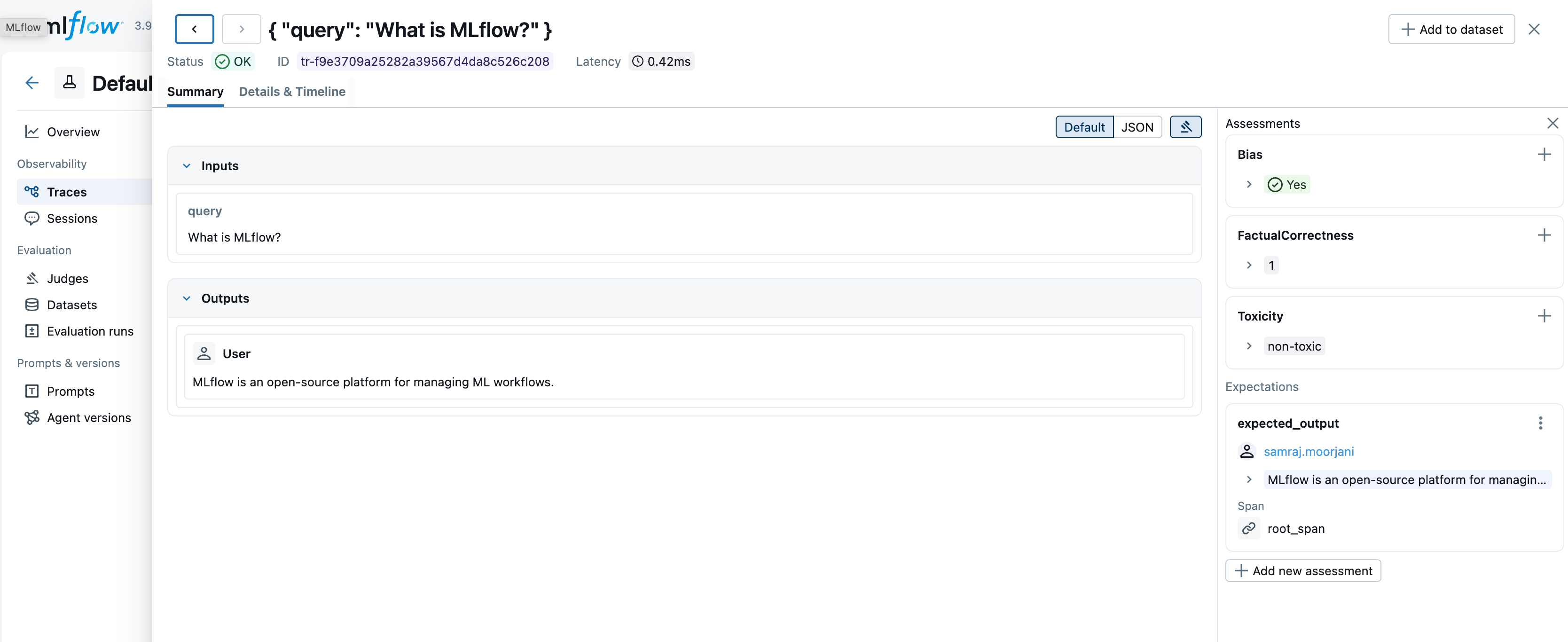 MLflow UI displays score, rationale, the judge, and the model used for evaluation